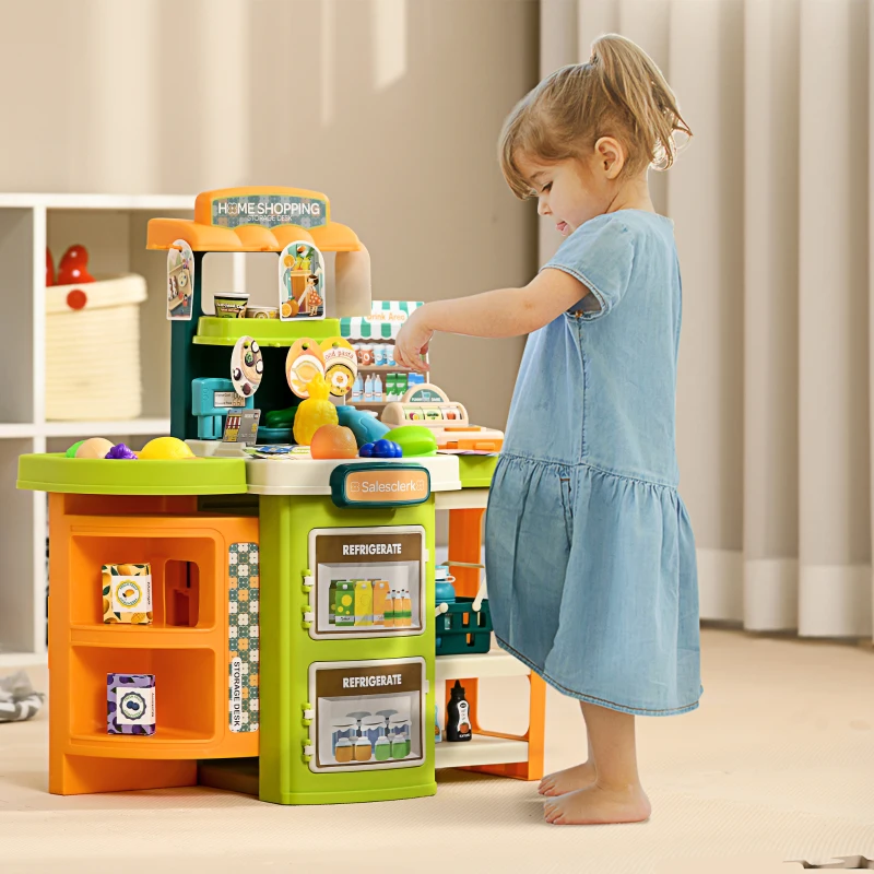 Qaba 58Pcs Grocery Store Pretend Play Kids Trolley with Cash Register Stand, Foldable Play Store for Kids with Scanner, Play Food Vegetable, Extra Storage for Boys and Girls Ages 3-6 Years Old