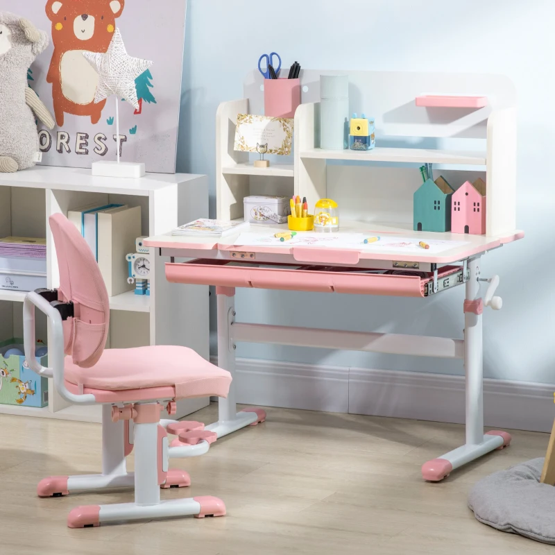 Qaba Kids Desk and Chair Set with Hand Crank, Tilted Desktop, Height Adjustable Student Writing Desk & Chair with Adaptive Seat Back, Footrest, Bookshelf, Drawer, Pen Holder, Pink