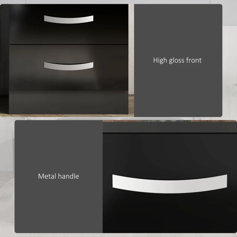 HOMCOM Bedside Table Set of 2, Modern Nightstand with Drawers and High Gloss Fronts, Night Table for Bedroom, Black
