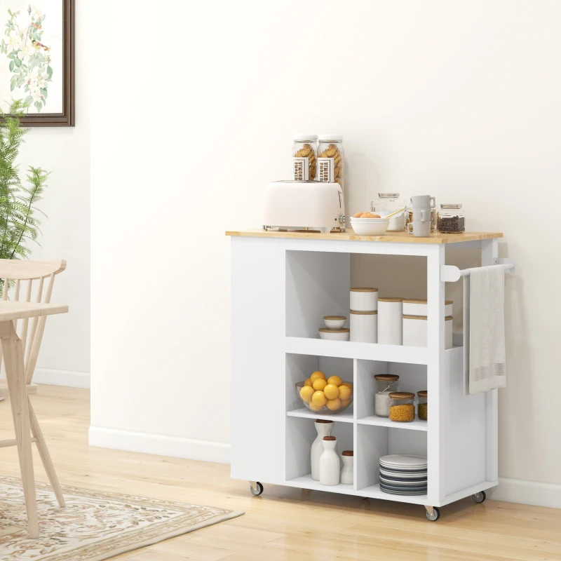 HOMCOM Kitchen Island Table Kitchen Cart with Rubberwood Top, Adjustable Shelves, Knife Rack, Towel Rack, Cabinet, White