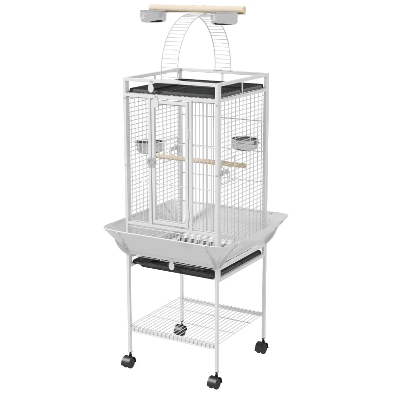 PawHut 61.5 Inch Bird Cage Parakeet House for Cockatiel with Stand, Pull Out Tray, Play Top, Storage Shelf, Wood Perch, Food Container