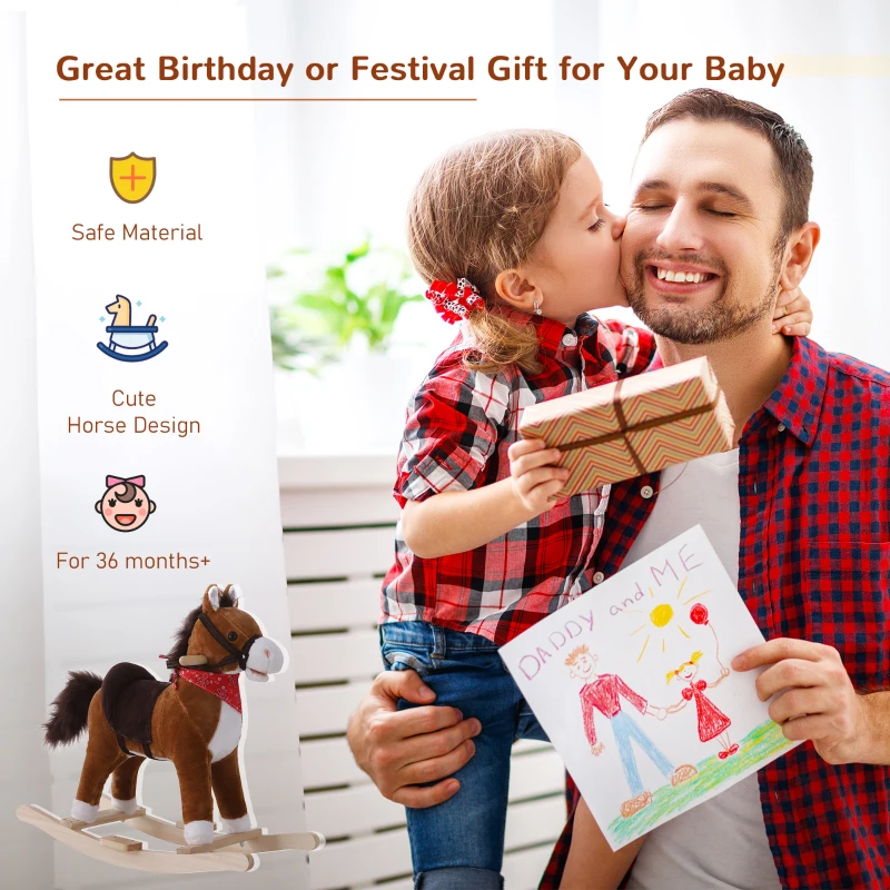Qaba Kids Ride on Rocking Horse Plush Toy with Realistic Sounds and Red Scarf for Over 3 Years Old Birth Gift