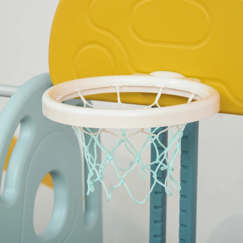 Qaba 5 in 1 Toddler Slide and Swing Set with Adjustable Seat Height and Basketball Hoop, Ring Toss Game, Freestanding Kids Climber Slide Playset with Basket Ball for Indoor Playground 18-60 Months