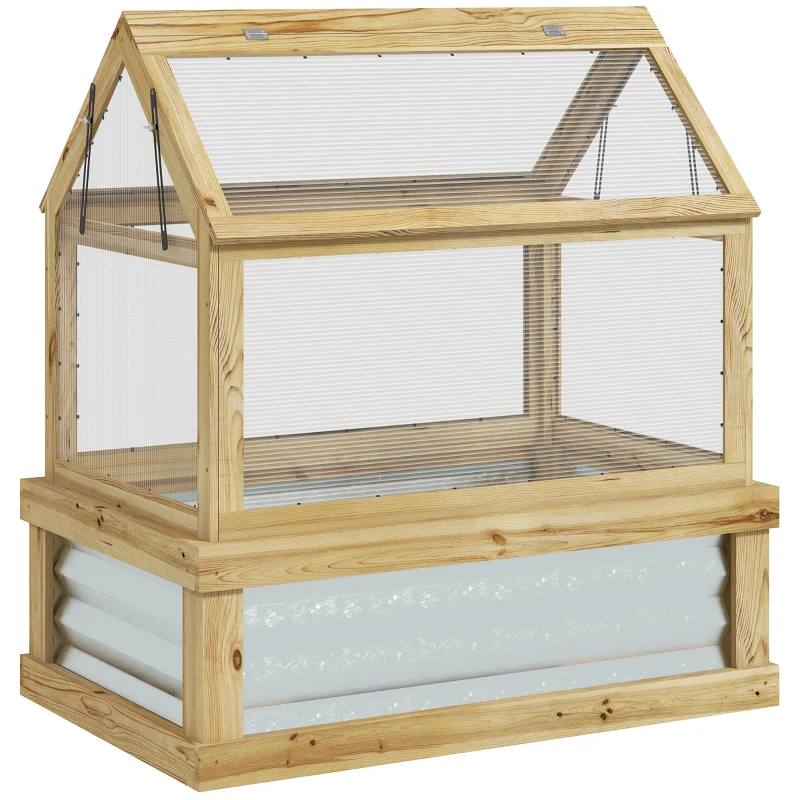 Outsunny Raised Garden Flower Bed Kit with Greenhouse, Wooden Cold Frame Planter, 35.5" x 22.5" x 38.25", Natural