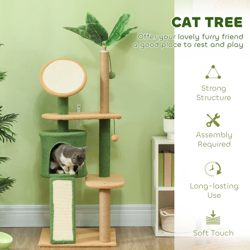 PawHut 55-Inch Cat Tree for Indoor Cat with Green Leaves, Scratching Posts, Cat Condo, Scratching Pad, Ramp, Dangling Balls