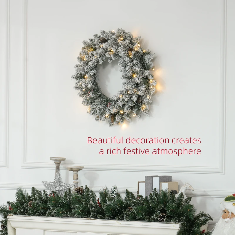 HOMCOM 24" Christmas Front Door Wreath with Lights Flocked Christmas Wreath with Pine Cones and Berries for Windows Green