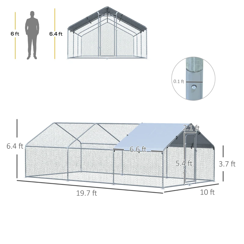 PawHut Large Chicken Coop Metal Chicken Run with Waterproof and Anti-UV Cover, Spire Shaped Walk-in Fence Cage Hen House for Outdoor and Yard Farm Use, 1.3" Tube Diameter, 9.8' x 19.7' x 6.4'