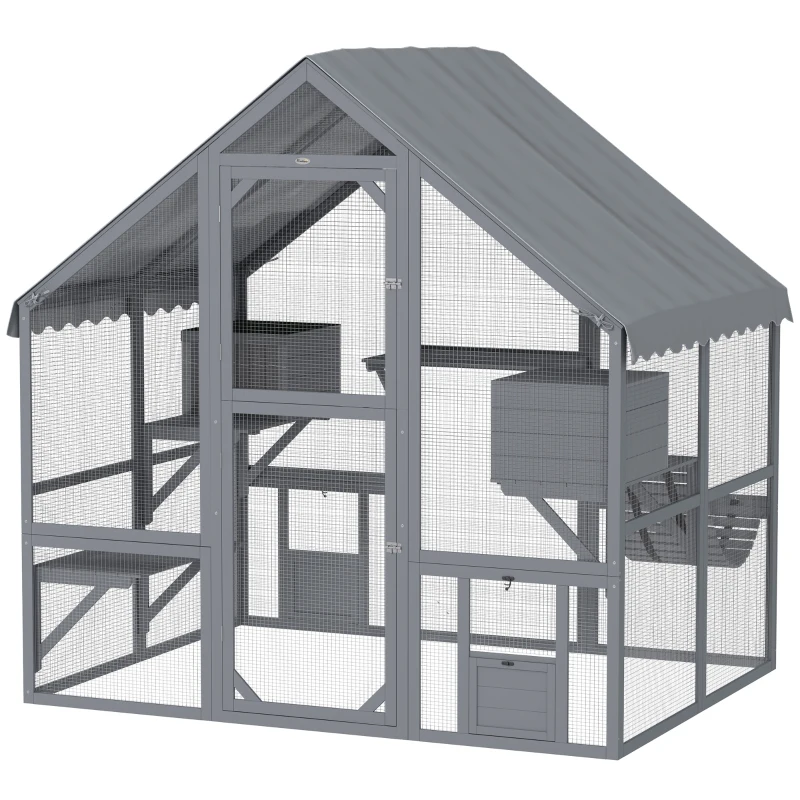 PawHut Large Catio Outdoor with Waterproof Cover, 2 Resting Boxes, 4 Platforms, Bridge, for 2-4 Kittens, Grey