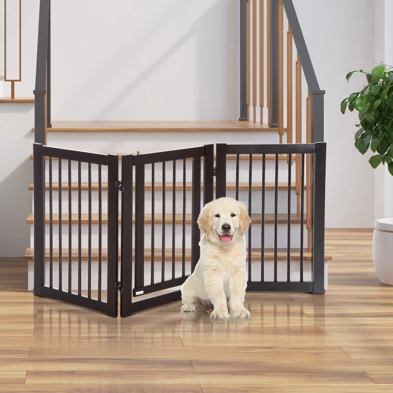 PawHut Free Standing Wooden Pet Gate Indoor Dog Barrier Foldable Step Over Doorway Fence Safety Gate with Open Door Z Shape 3 Panel