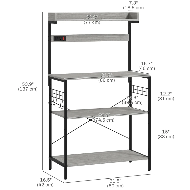 HOMCOM Kitchen Baker's Rack with Power Outlet, Coffee Bar Station with Adjustable Shelves and Hooks, Distressed Grey