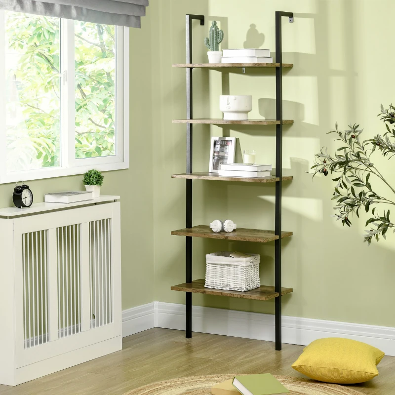HOMCOM Industrial Wall Mounted Ladder 5-Tier Bookshelf, Brown