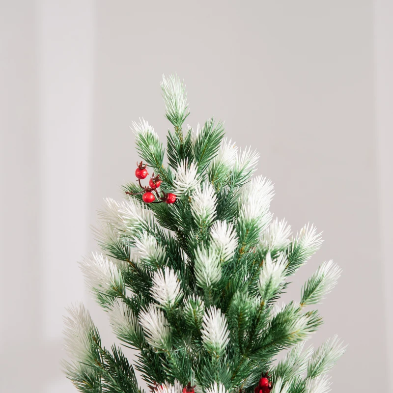 HOMCOM 6' Tall Unlit Snow-Flocked Fir Artificial Christmas Tree with Realistic Branches, Red Berries and 836 Tips, Green / White