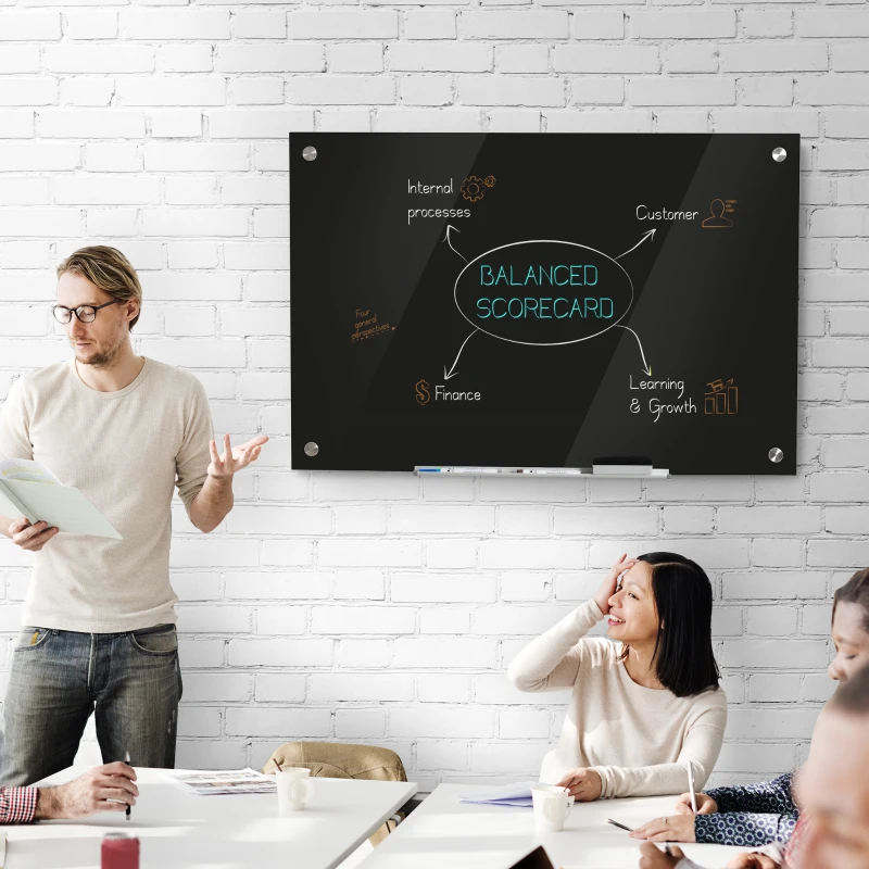 Vinsetto 35.5" x 23.5" Glass Magnetic Dry Erase Blackboard, Frameless Board on Wall, with Dry Eraser, 4 Markers, and Pen Holder, Black