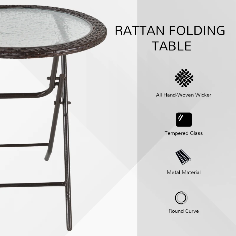 Outsunny 26.8" Dia. (68 Dia. cm) Folding Round Tempered Glass Metal Table with Brown Rattan Edging, Brown