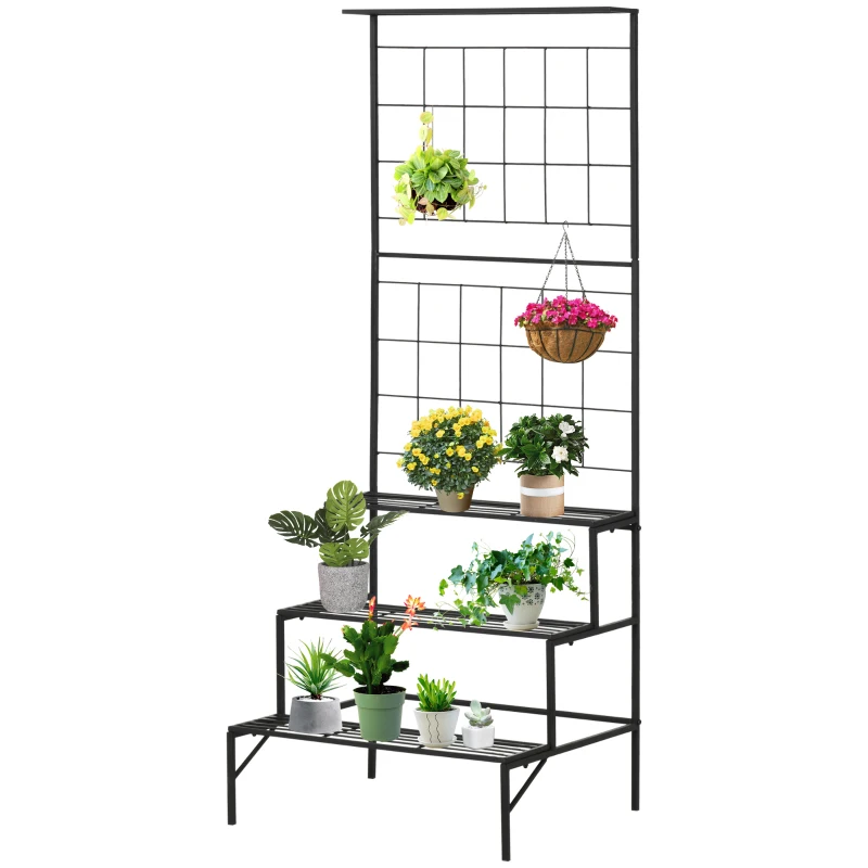 Outsunny 3-Tier Hanging Plant Stand with Grid Panel, Planter Shelves Flower Pot Organizer Rack, Multiple Flower Pot Display Holder Shelf