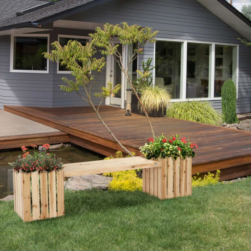 Outsunny Outdoor Wooden Garden Stool Bench with 2 Planters, Natural Wood