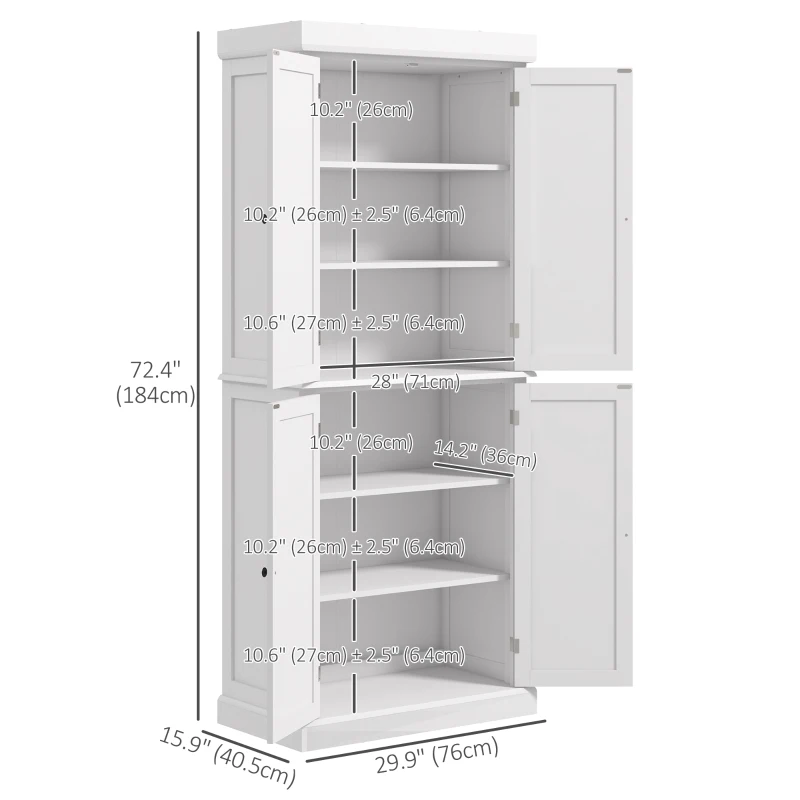 HOMCOM 72.5" Kitchen Pantry Cabinet, Freestanding Buffet Storage Cabinet with 4 Doors and Adjustable Shelves, White