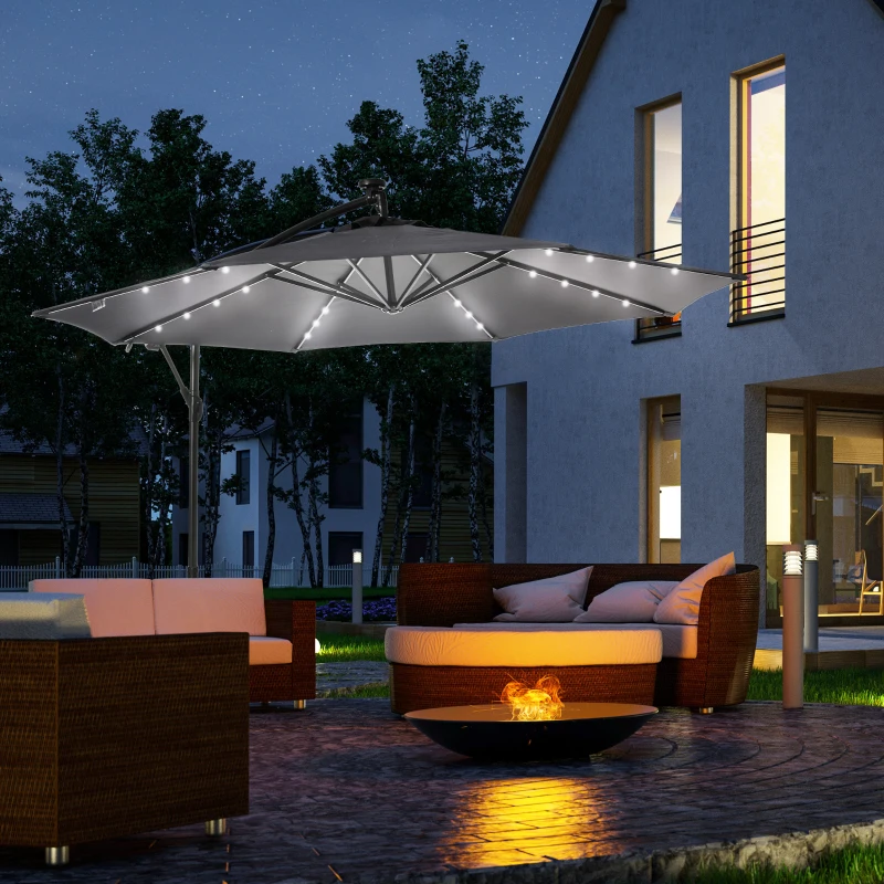 Outsunny 10ft Outdoor Cantilever Umbrella with Solar Lights, Banana Umbrella with Adjustable Angle for Patio, Backyard, Dark Gray