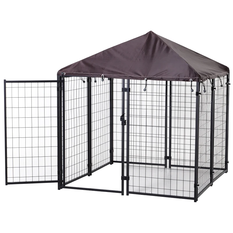 PawHut 4.6' x 4.6' x 5' Outdoor Dog Kennel, Welded Wire Heavy Duty Dog Run, Dog Kennel Outside with Waterproof & UV Resistant Cover, for S&M Dogs, Black