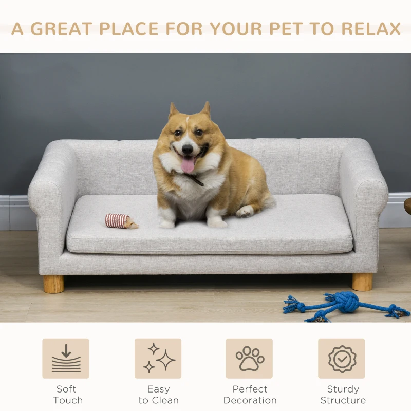 PawHut Modern Pet Sofa Cat or Medium Large Dog Bed W/ Removable Seat Cushion, Light Grey