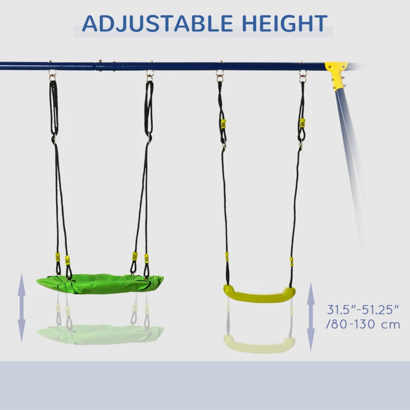 Outsunny Kids Metal Swing Set for Backyard, Outdoor Play Equipment, with Saucer Swing Adjustable Swing Seat, Basket Hoop, Climb Ladder, Net, A-Frame Metal Stand, for 3-10 Years Old, Green