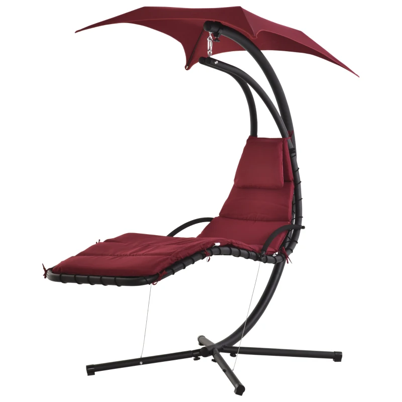 Outsunny Outdoor Hammock Chair with Stand, Floating Chaise Lounge Chair with Soft Padded Cushion, Hanging Hammock Swing Reclining Seat with Canopy Umbrella, Wine Red
