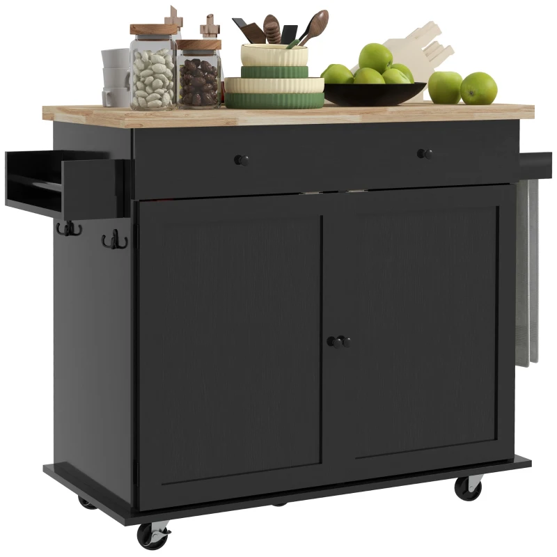 HOMCOM Farmhouse Rolling Island with Wheels for Kitchen, Wood Breakfast Bar Kitchen Island on Rollers, Drawer and Doors, Black