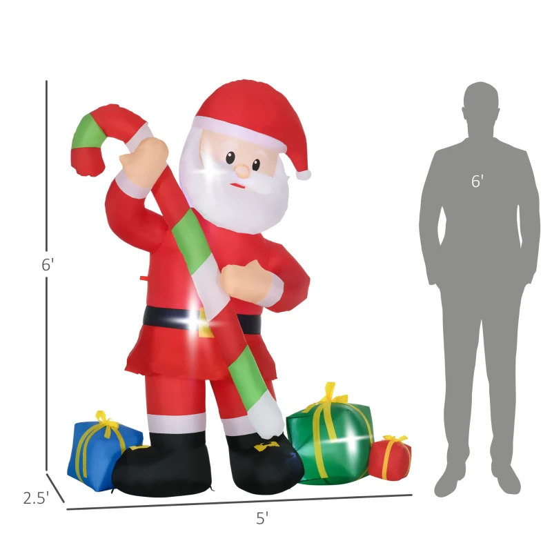 HOMCOM 6ft Christmas Inflatables Outdoor Decorationss Decorations Santa Claus with Candy Cane, Blow-Up LED Yard Christmas Decor