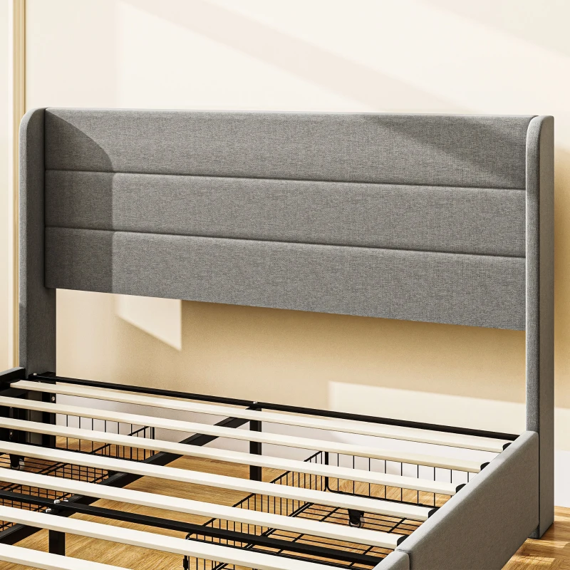 HOMCOM Queen Bed Frame with Storage Drawers, Queen Size Bed Base with Headboard, Wood Slats, Noise-Free, Light Gray