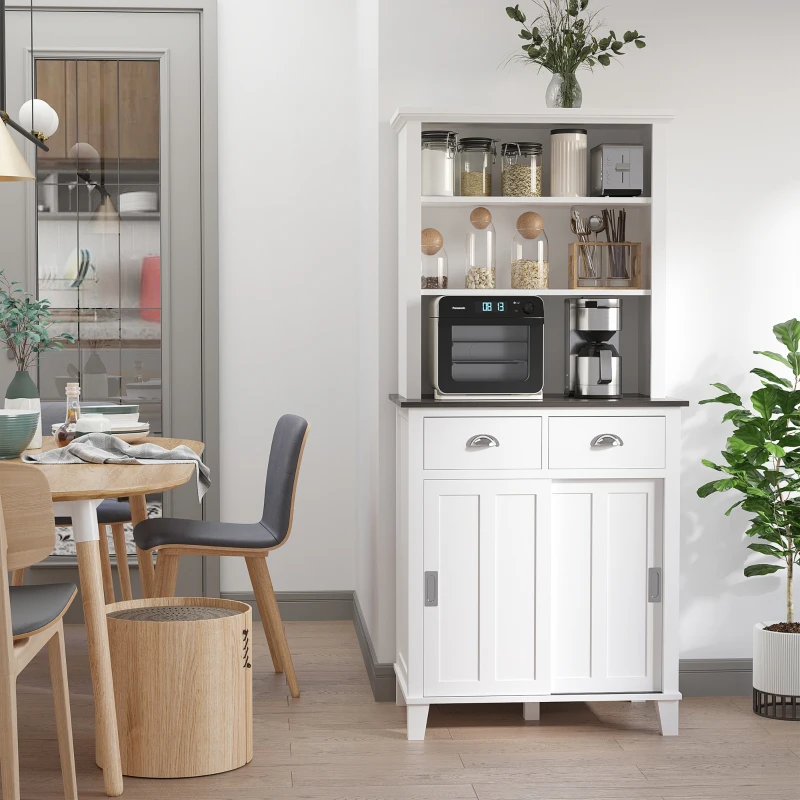 HOMCOM 67" Freestanding Buffet with Hutch, Kitchen Pantry Storage Cabinet with Sliding Doors, Drawers and Open Shelves, Adjustable Shelving, White