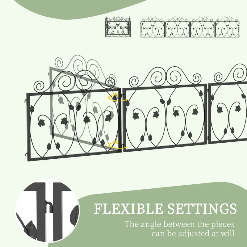 Outsunny 4 Pack Garden Fence, Metal Wire Fencing Border, Scroll Flower Edging for Landscape, Backyard, Black