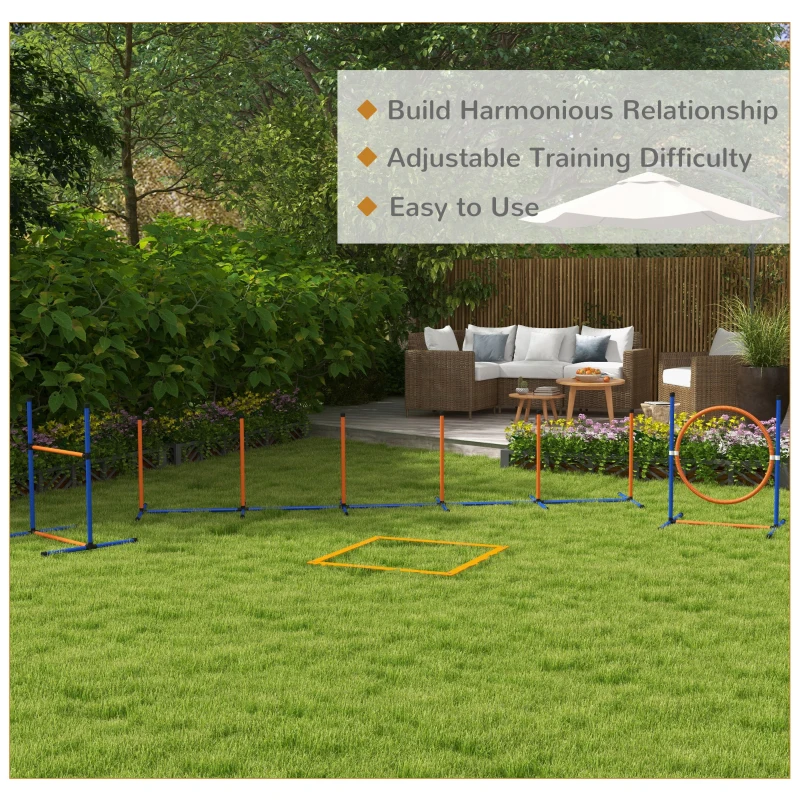 PawHut 4 Pcs Agility Training Equipment for Dogs w/ Weave Poles Adjustable Hurdle Jumping Ring, Pause Box for Backyard Orange