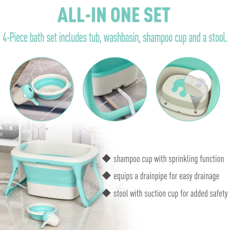Qaba 4-IN-1 Folding Baby Bathtub 4pcs Esthetic Basin with Sucker Seat Non-Slip Support Safer Portable, Green