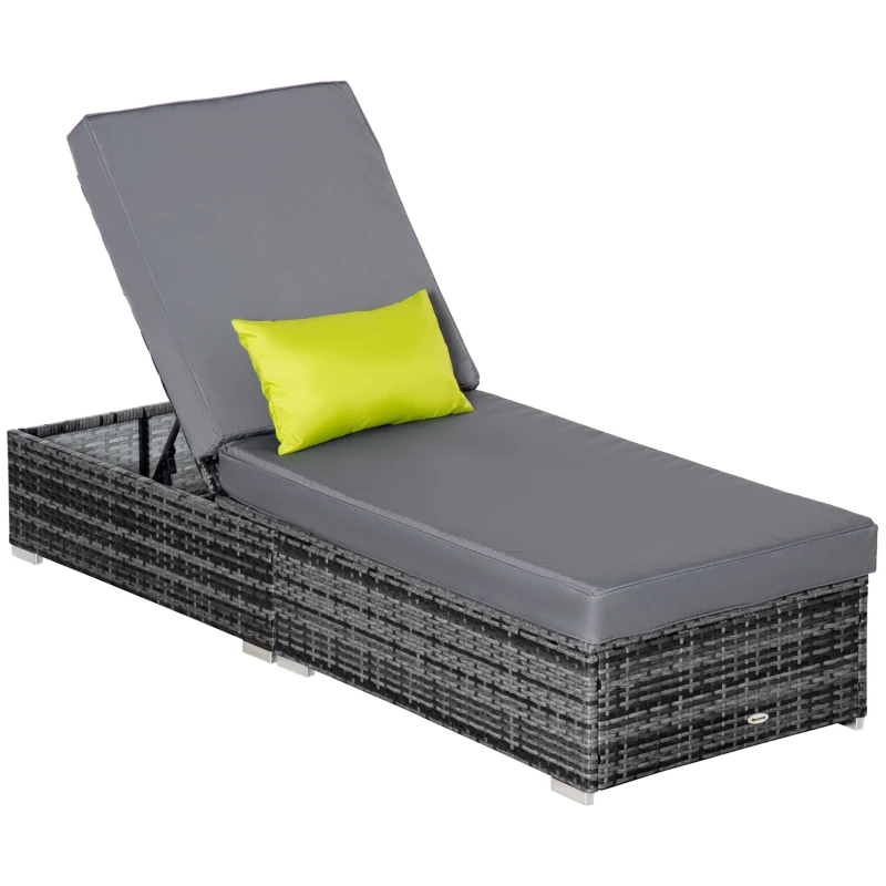 Outsunny Patio Wicker Lounger, Outdoor PE Rattan Single Chaise Lounge w/Adjustable Recliner Backrest, Cushion, & Pillow, Grey