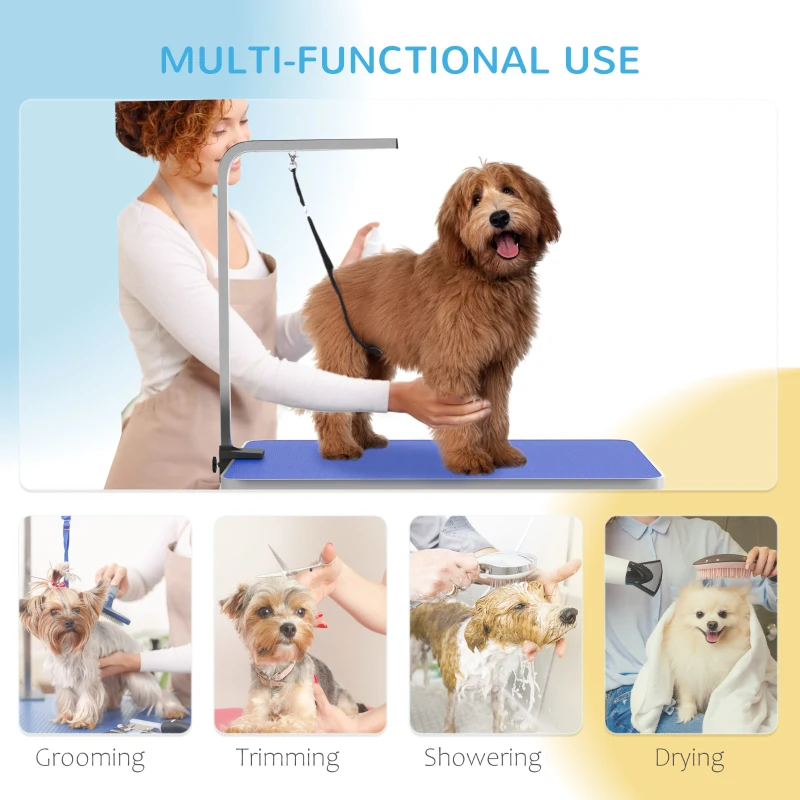 PawHut Dog Grooming Table w/ Adjustable Arm, Mesh Tray,  Two Nooses, Rubber Surface, 35" x 24" x 61", Blue