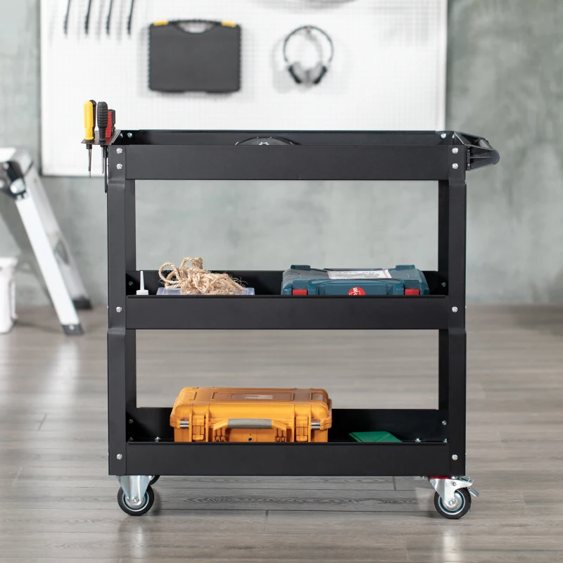 DURHAND 3 Tier Rolling Tool Cart with Wheels, 330 LBS Capacity Heavy Duty Utility Cart, Mobile Service Cart for Garage, Black