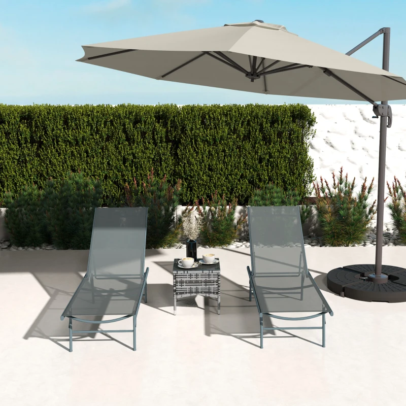 Outsunny 2 Pieces Folding Outdoor Lounge Chairs, Reclining Chaise Lounge Tanning Chair w/ Adjustable Back, Mesh Seat, Light Grey