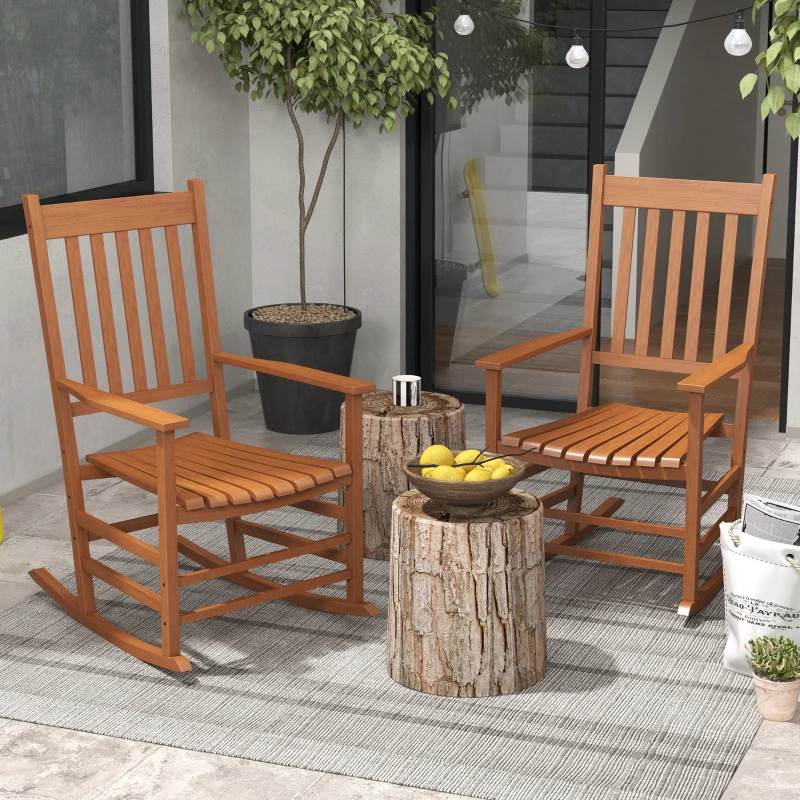 Outsunny Outdoor Rocking Chair Set of 2, Patio Wooden Rocking Chair with Smooth Armrests, High Back for Garden, Balcony, Porch, Supports Up to 352 lbs, Teak