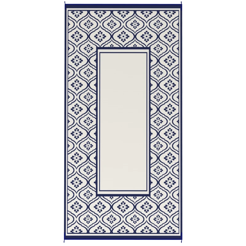 Outsunny 9' x 18' Outdoor RV Rug, Reversible Patio Floor Mat with Carry Bag, Gourd Border, Blue and White