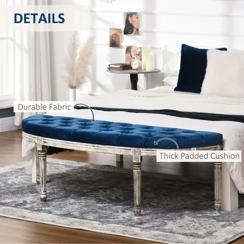 HOMCOM Vintage Semi-Circle End of Bed Bench, Upholstered Bedroom Entryway Bench with Tufted Velvet-Touch Fabric with Rubberwood Legs, Blue