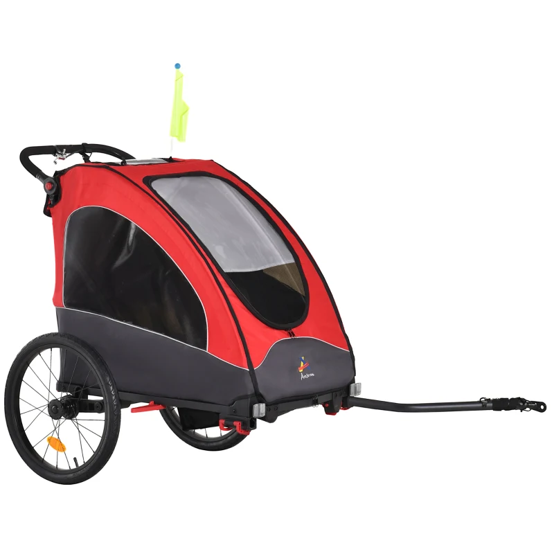 Aosom 3 In1 Baby Bike Trailer for 2 Kids, Foldable Double Jogger Stroller, 2-Seater Stroller with Shock Absorber System, Rubber Tires, Adjustable Handlebar Brake, Storage Bag, Red