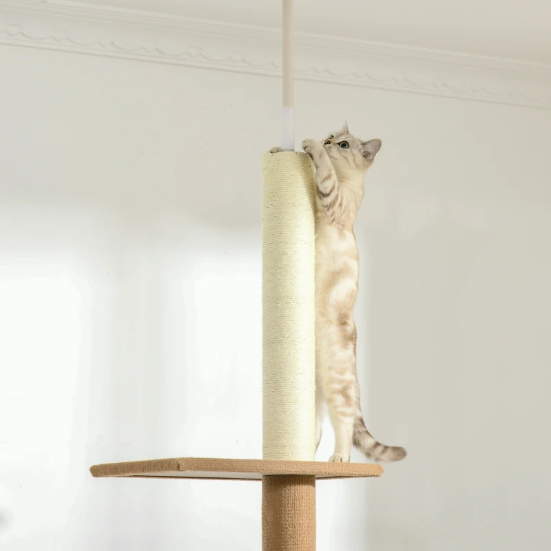 PawHut Floor-to-Ceiling Cat Tree Cat Climbing Tower with Sisal-Covered Scratching Posts Natural Cat Tree Activity Center for Kittens Cat Tower Furniture, Light brown