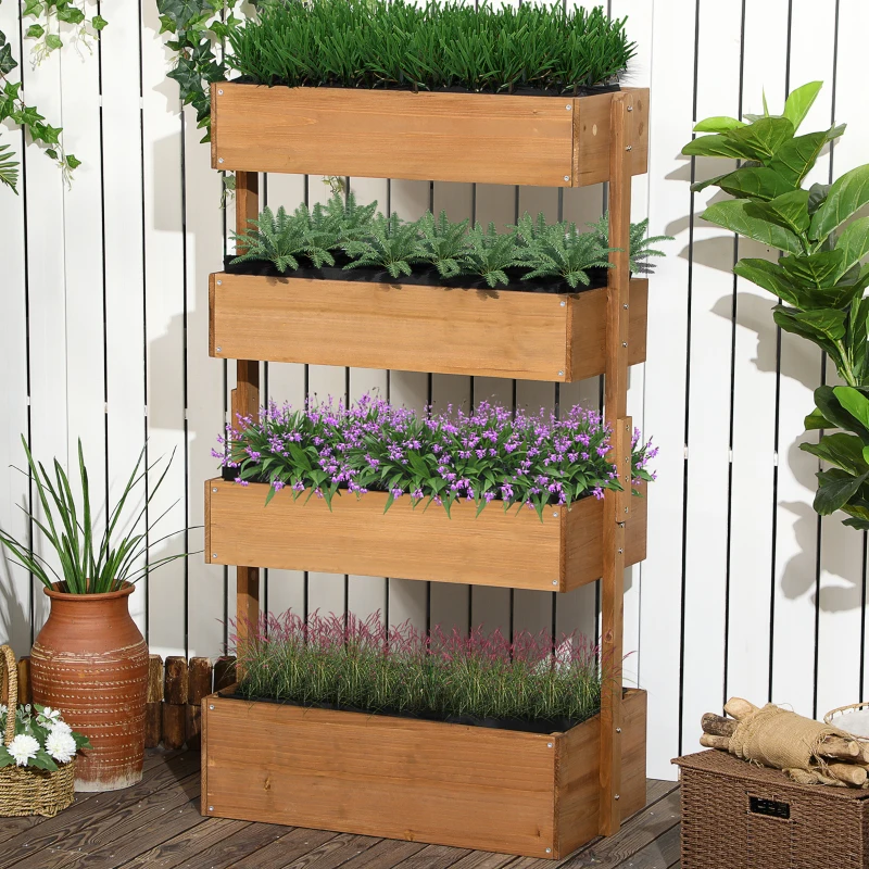 Outsunny Vertical 4 Tier Raised Garden Bed, Wooden Planter Box, Self-Draining with Bed Liner for Indoor Outdoor Flowers, Vegetables and Herbs, Orange