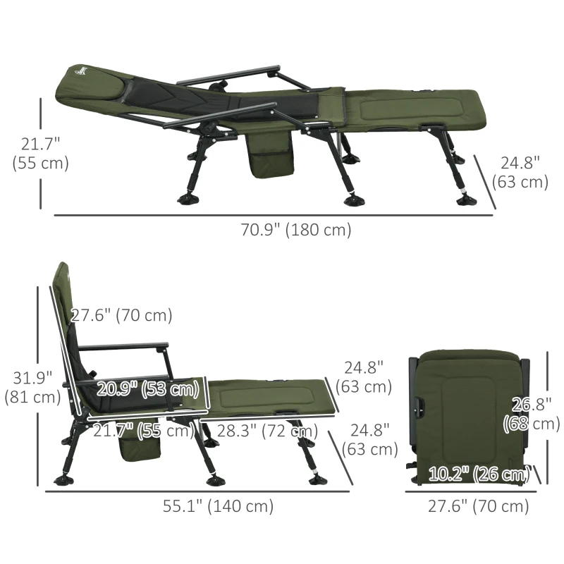 Outsunny Folding Fishing Chair, 330 lb Heavy Duty Camping Chair with Reclining Backrest, Footrest, Adjustable Legs, Dark Green