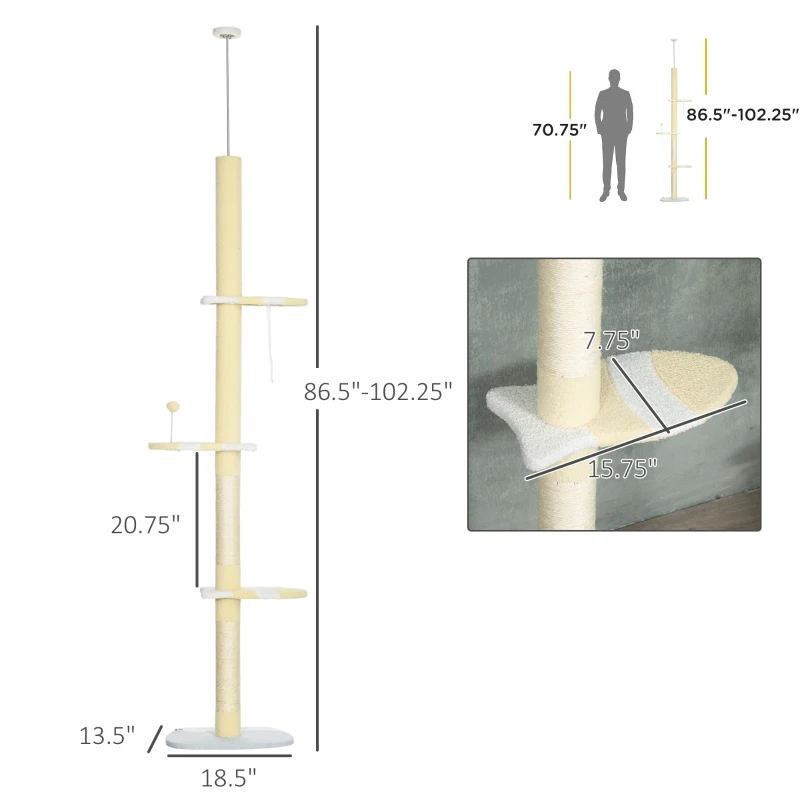 PawHut 4-Tier Floor to Ceiling Cat Tree Height Adjustable 87 -103 Inch