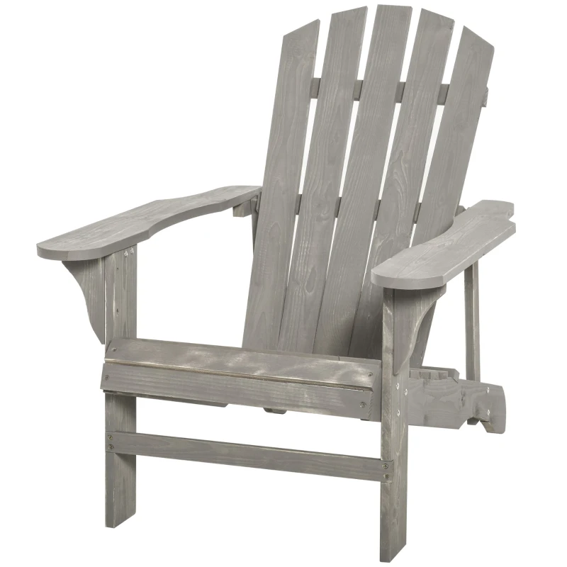 Outsunny Wood Adirondack Chair, Outdoor Patio Muskoka Chair with Slatted Design for Deck, Garden, Backyard, Fire Pit, Light Grey
