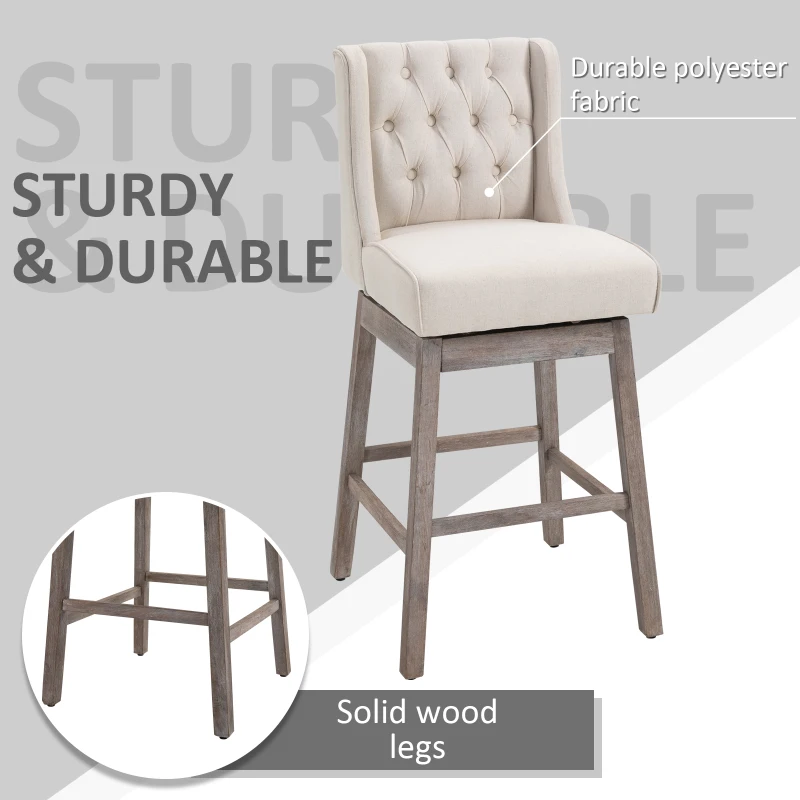 HOMCOM Bar Height Bar Stools Set of 2, 180 Degree Swivel Barstools with Solid Wood Footrests and Button Tufted Design, 30" Seat Height Bar Chairs for Kitchen Island, Beige