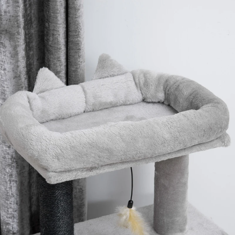 PawHut 47" Cat Tree for Indoor Cats, Kitty Activity Center, Cat Tower with Cat Ear Bed Ramp Condo Hammock Hanging Ball Toys Sisal Rope Scratching Post, Light Grey