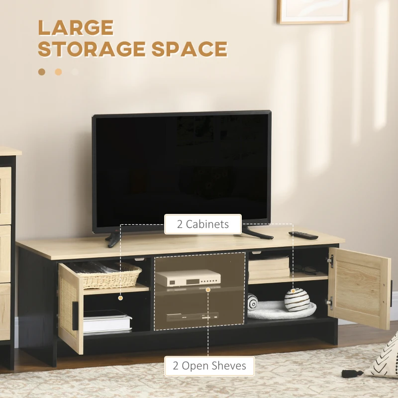 HOMCOM TV Stand for 60 inches, TV Cabinet with 2 Shelves, 2 Cable Managements and 2 Rattan Door Cabinets, Natural