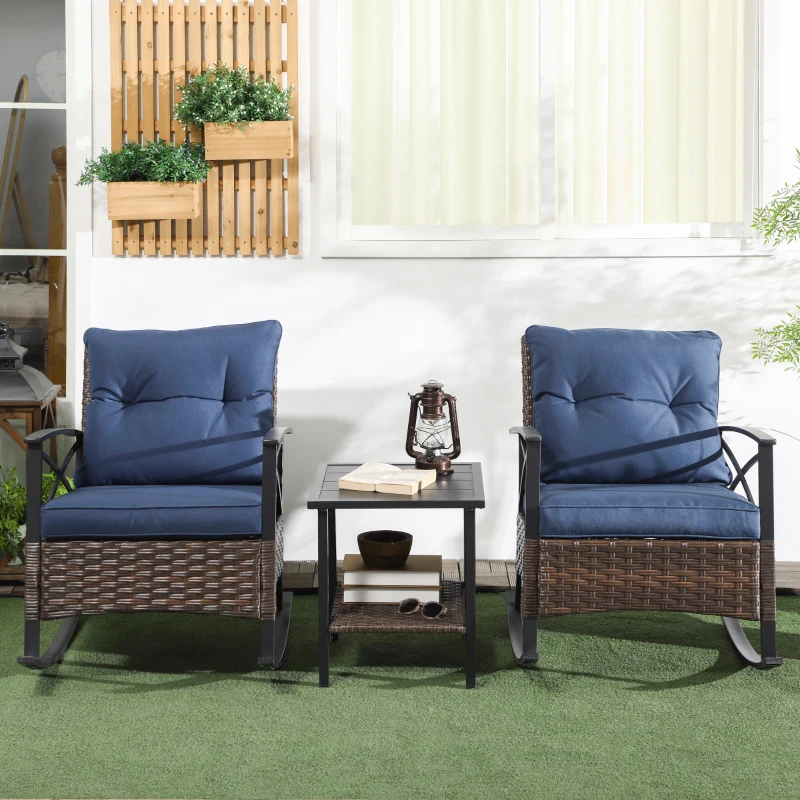 Outsunny 3 Piece Rocking Bistro Set, Outdoor Wicker Patio Conversation Set with Rockers, Table, Cushions, for Garden, Dark Blue